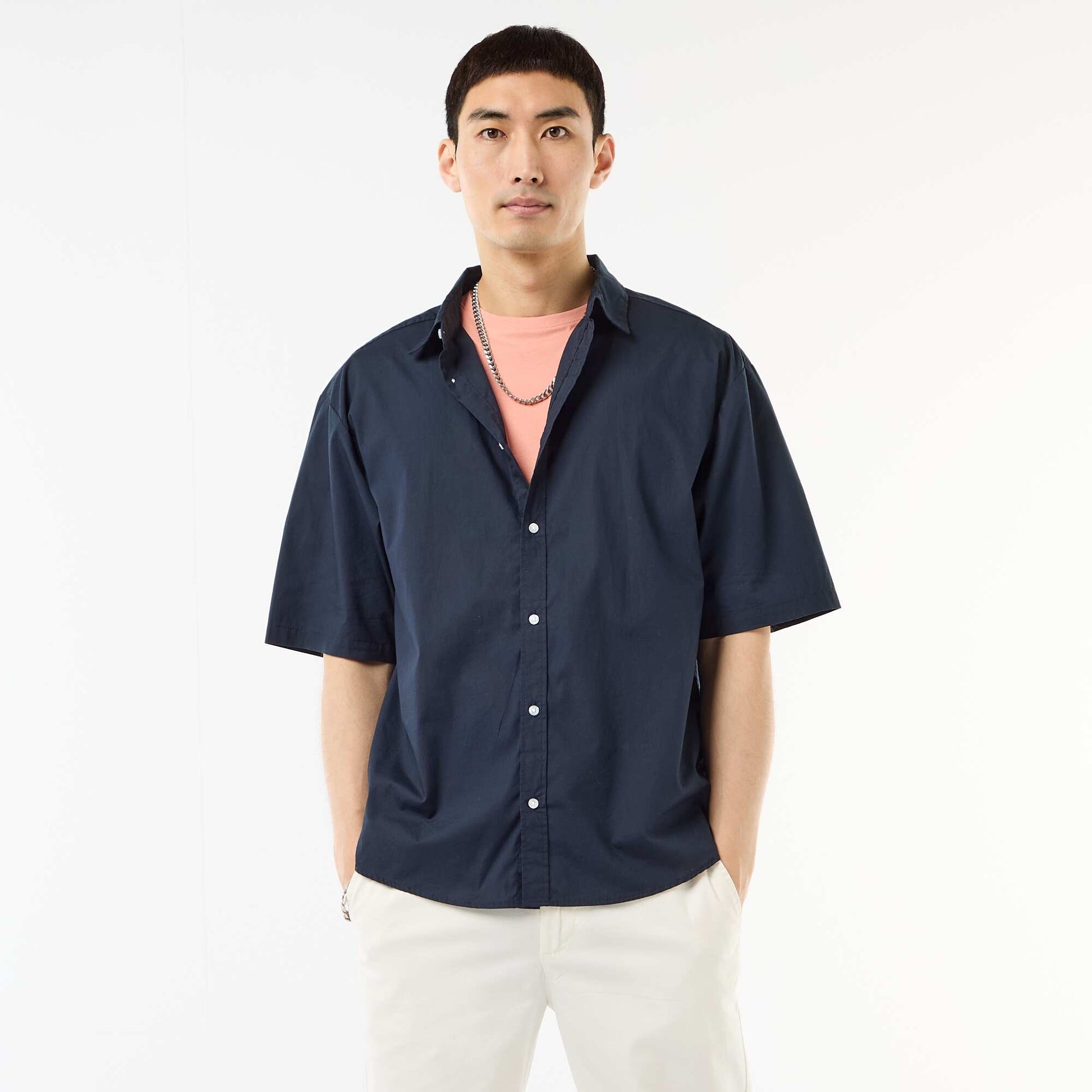 Chemise à manches courtes en popeline BLEU
