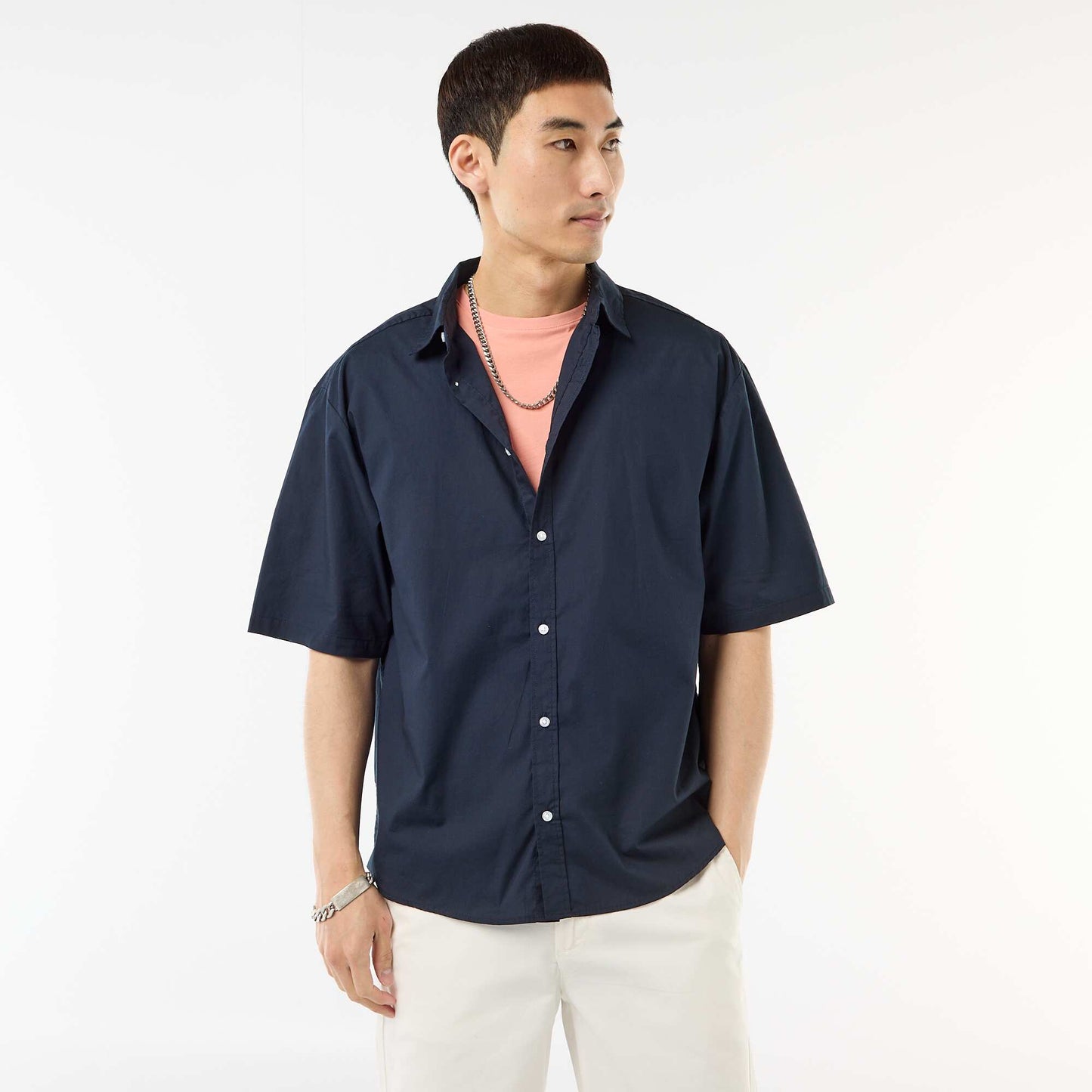 Chemise à manches courtes en popeline BLEU