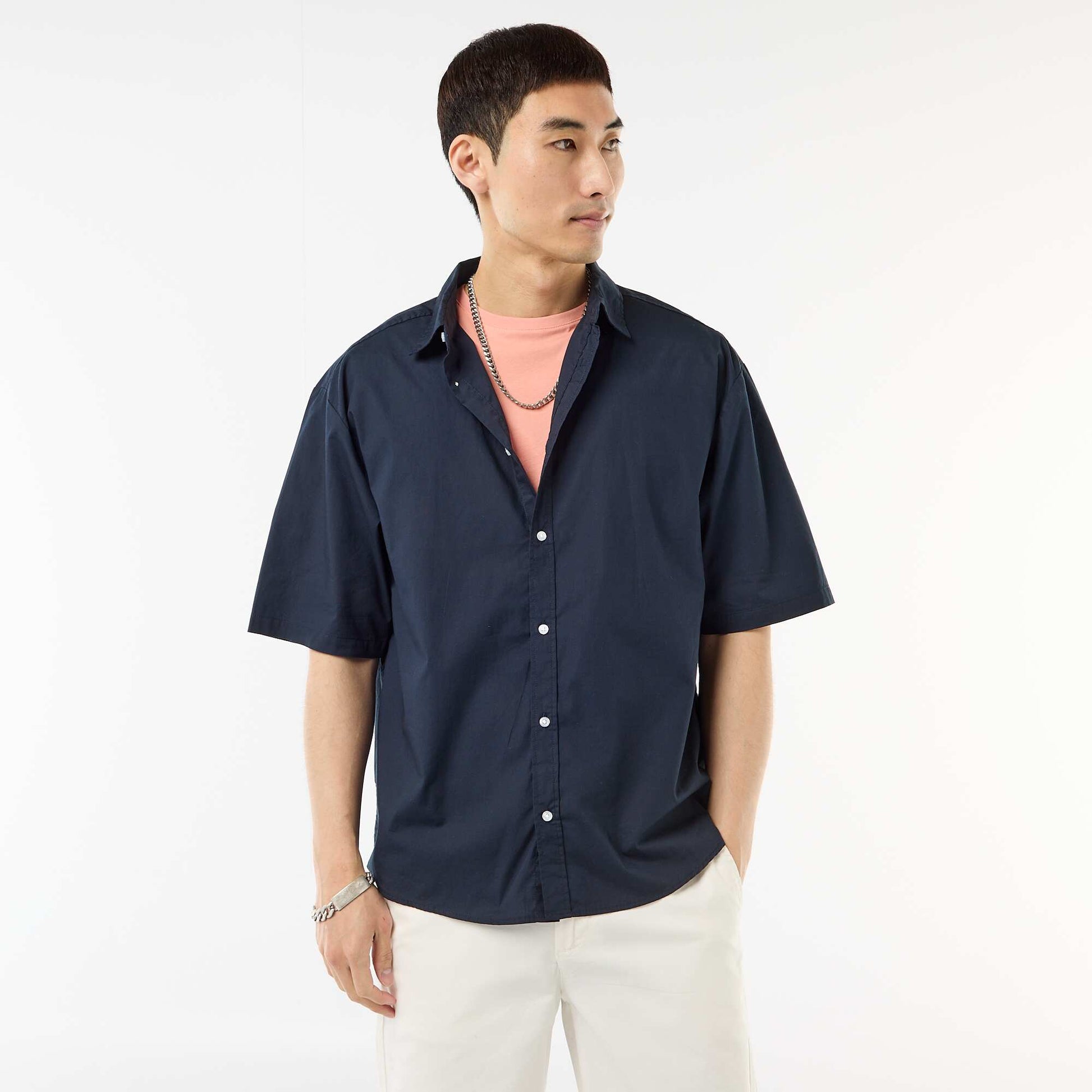 Chemise à manches courtes en popeline BLEU