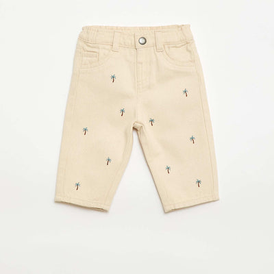 Pantalon paperbag brodé all-over en twill de coton BEIGE
