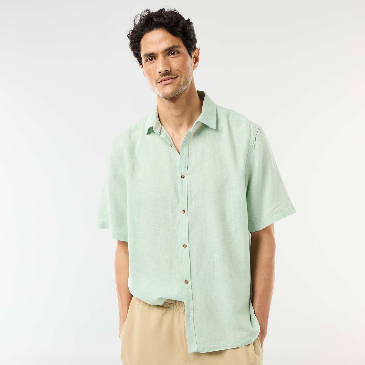 Chemise à manches courtes en lin mélangé VERT