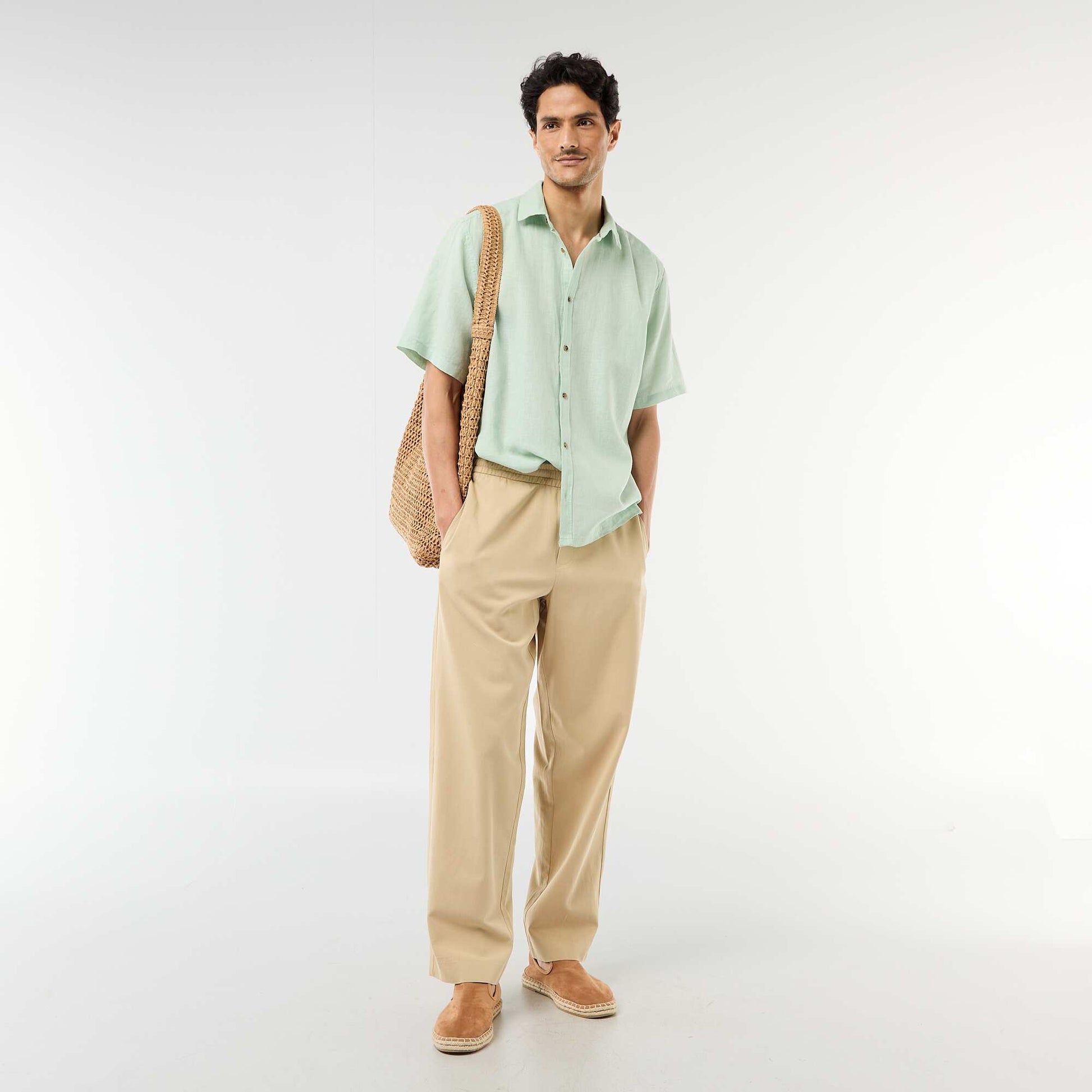 Chemise à manches courtes en lin mélangé VERT