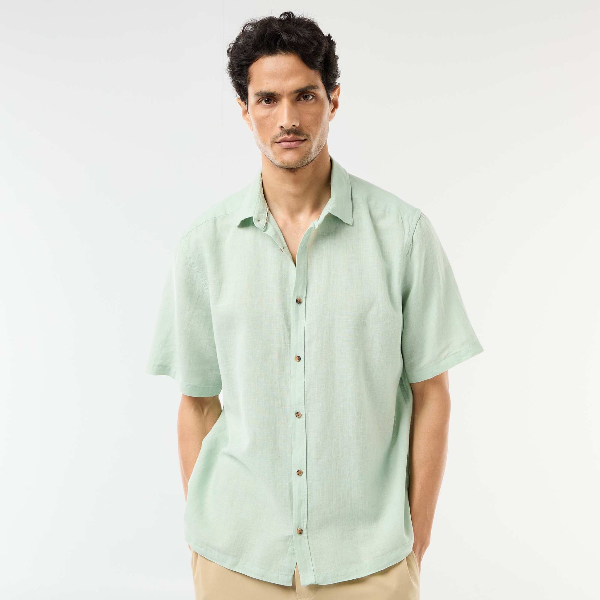 Chemise à manches courtes en lin mélangé VERT