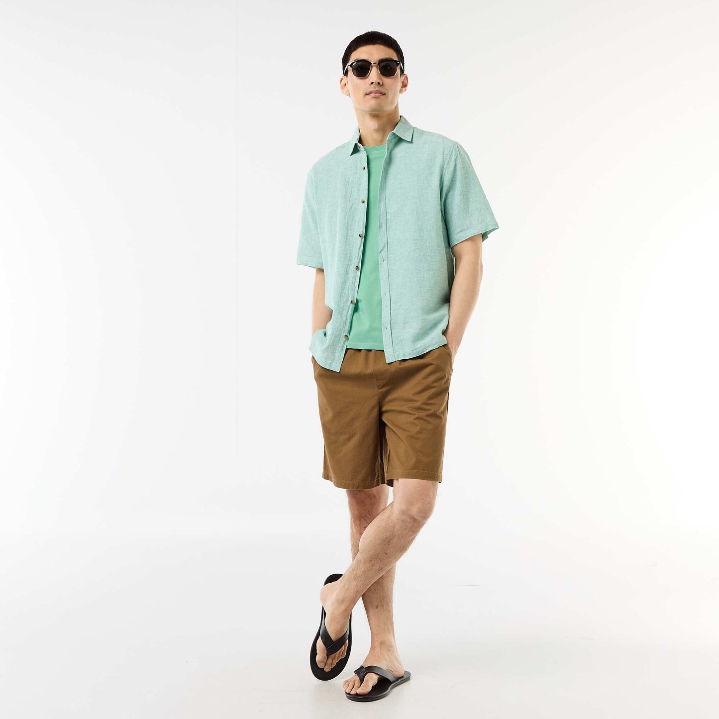 Chemise à manches courtes en lin mélangé BLEU