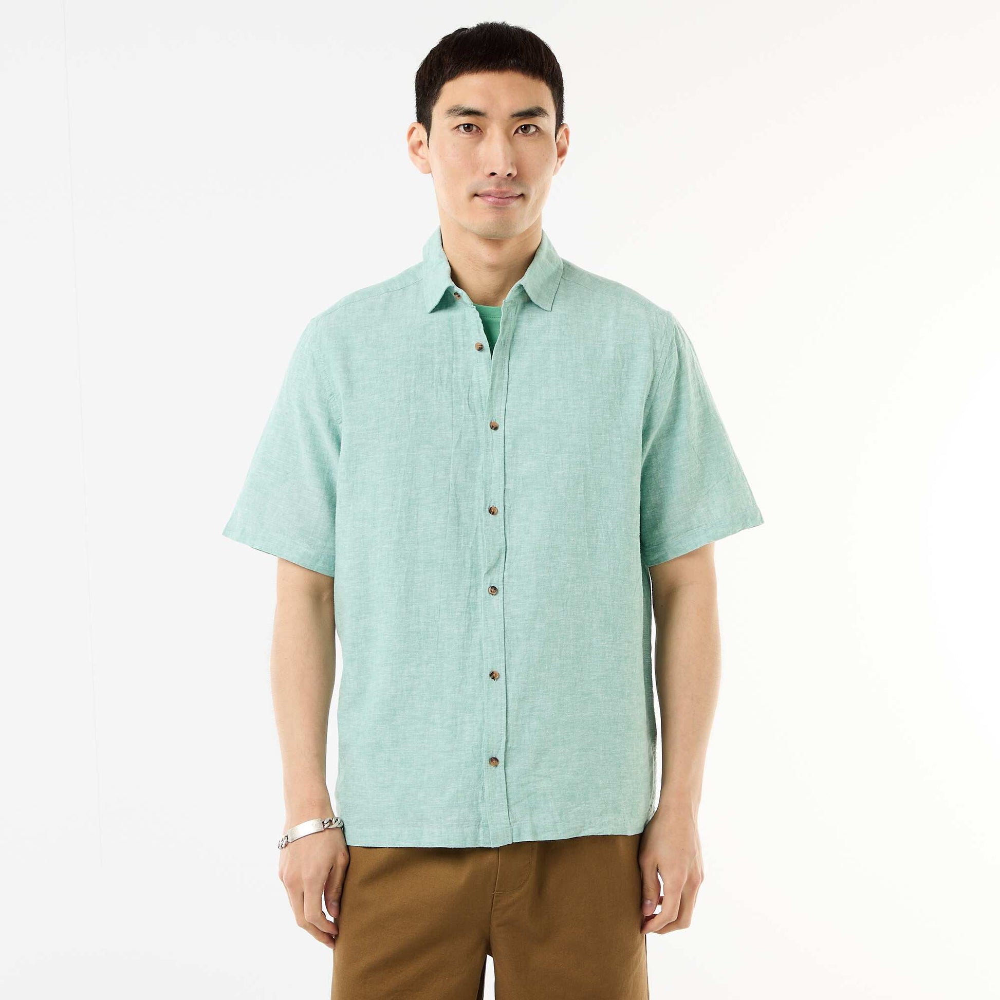 Chemise à manches courtes en lin mélangé BLEU