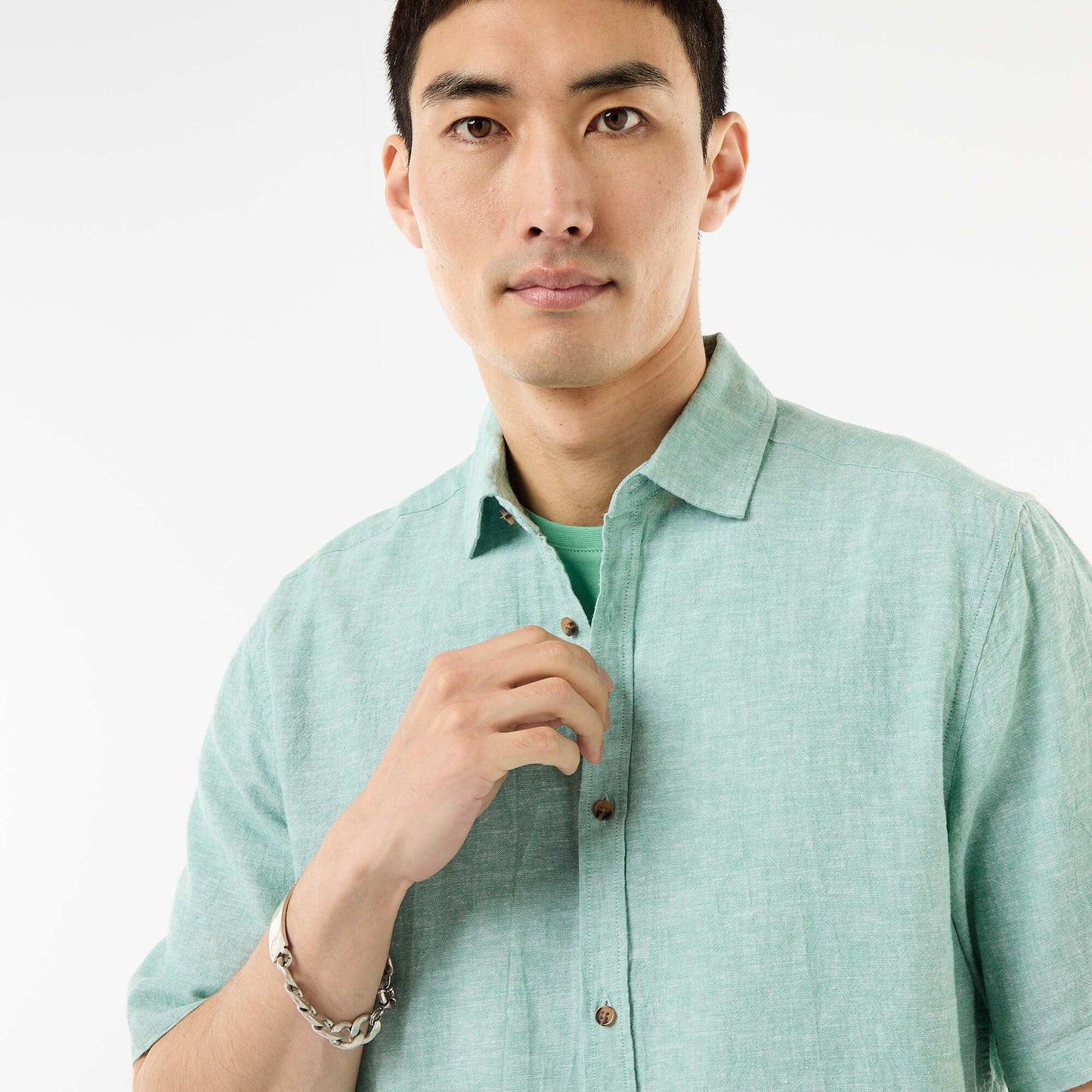 Chemise à manches courtes en lin mélangé BLEU