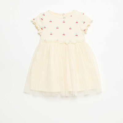 Robe en maille côtelée et tulle BLANC
