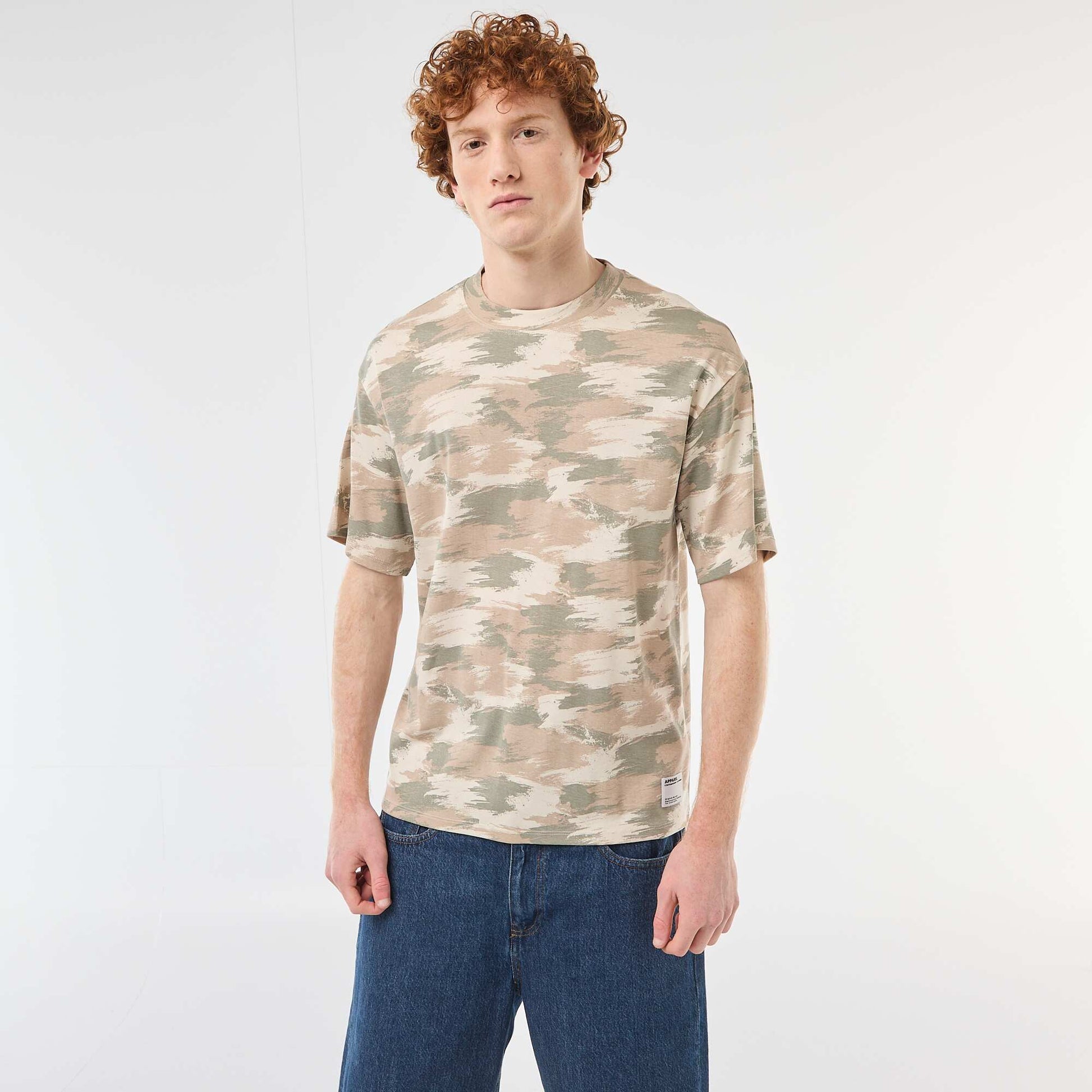 T-shirt col rond imprimé 'camouflage' en coton VERT