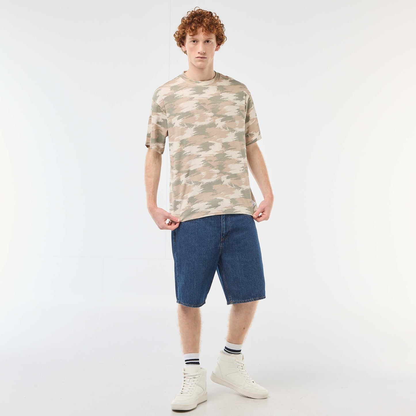 T-shirt col rond imprimé 'camouflage' en coton VERT