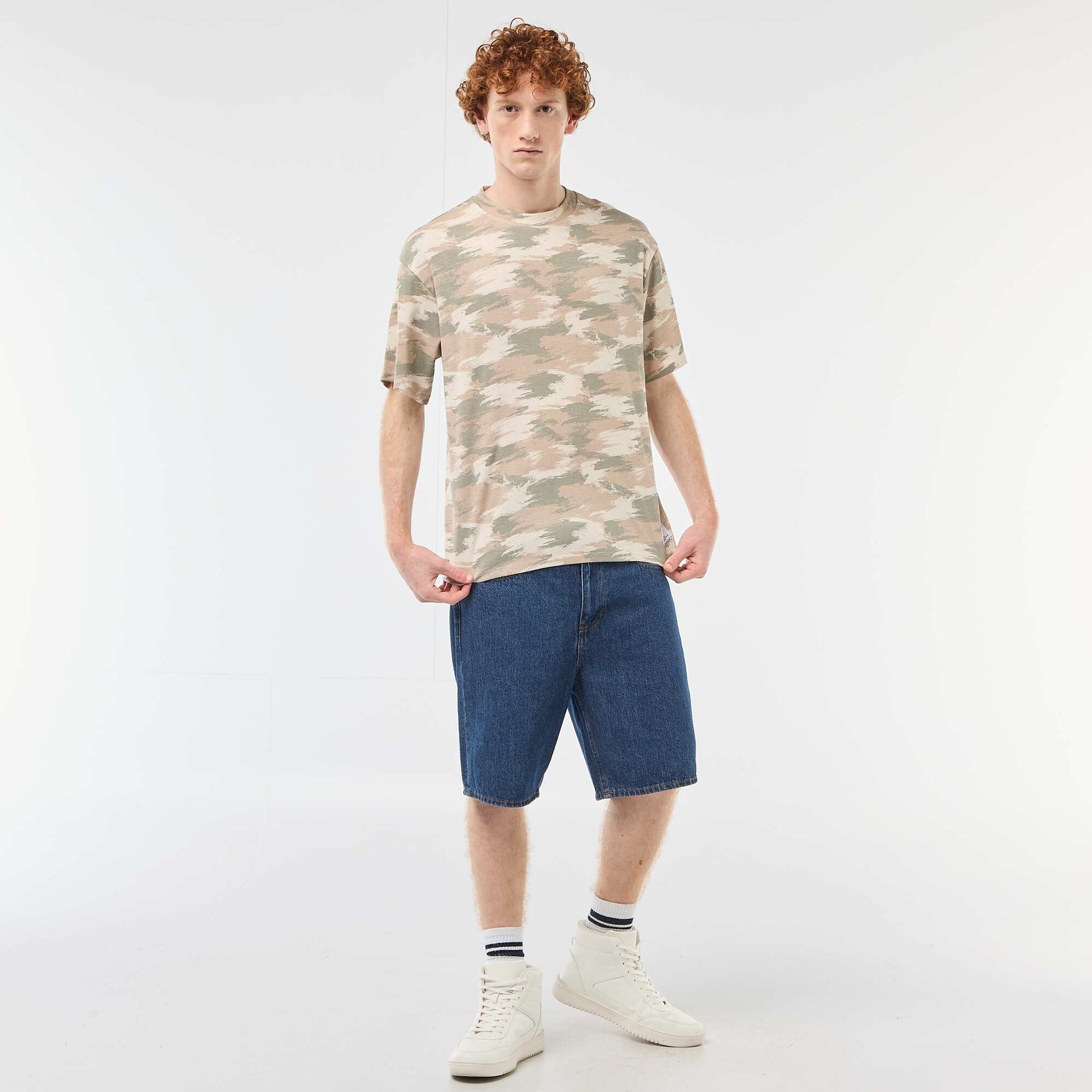 T-shirt col rond imprimé 'camouflage' en coton VERT
