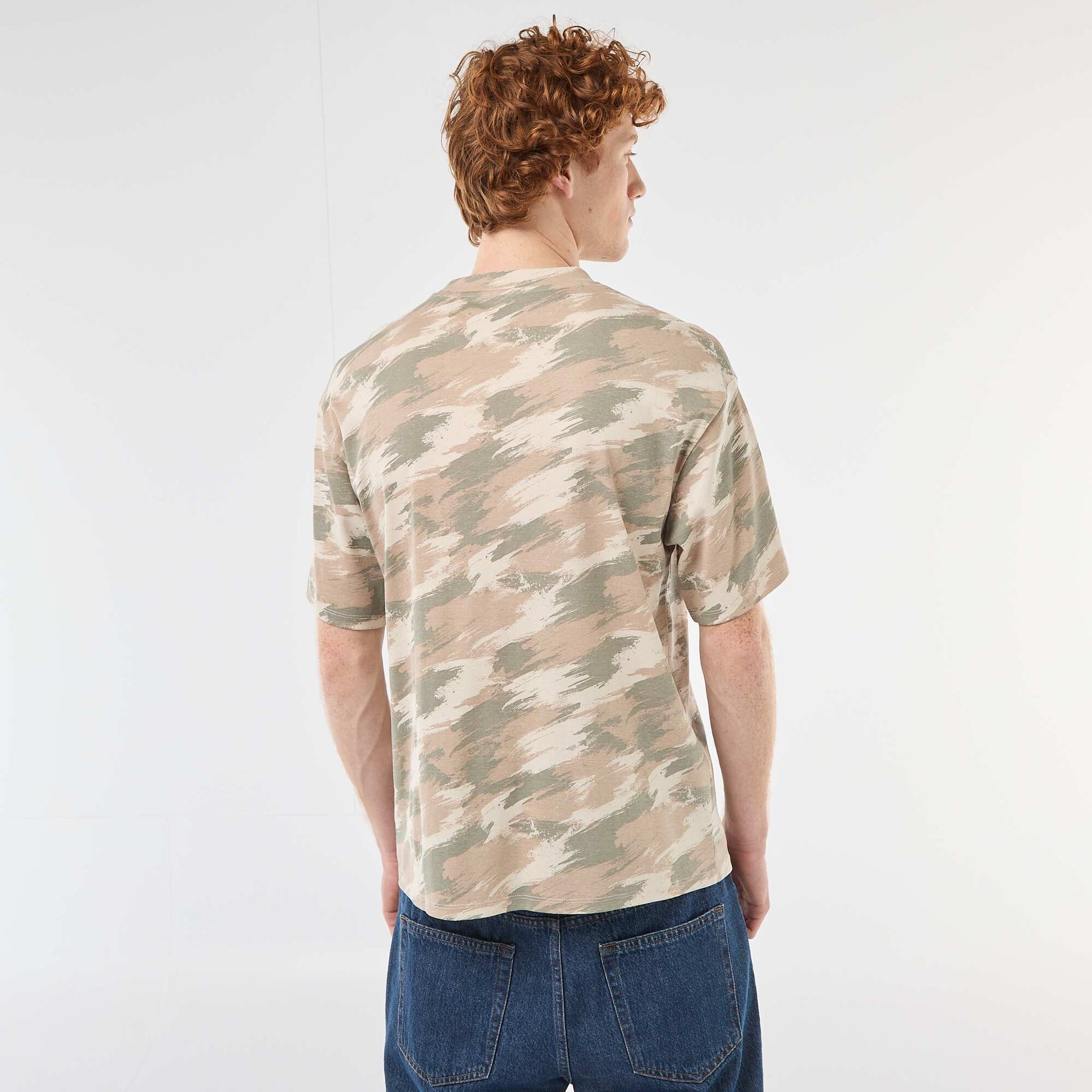 T-shirt col rond imprimé 'camouflage' en coton VERT