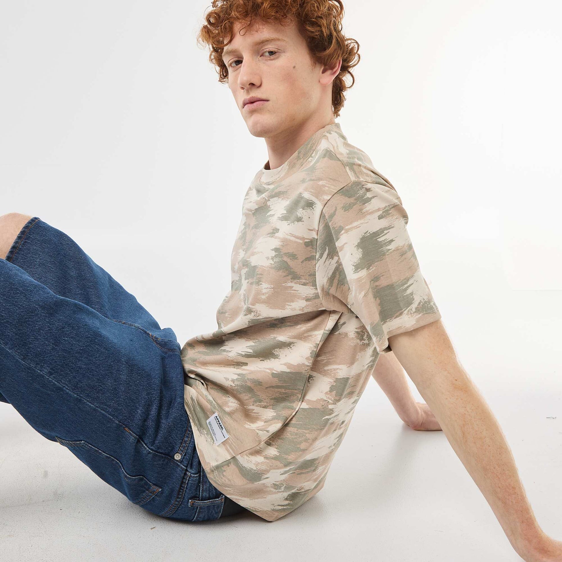 T-shirt col rond imprimé 'camouflage' en coton VERT