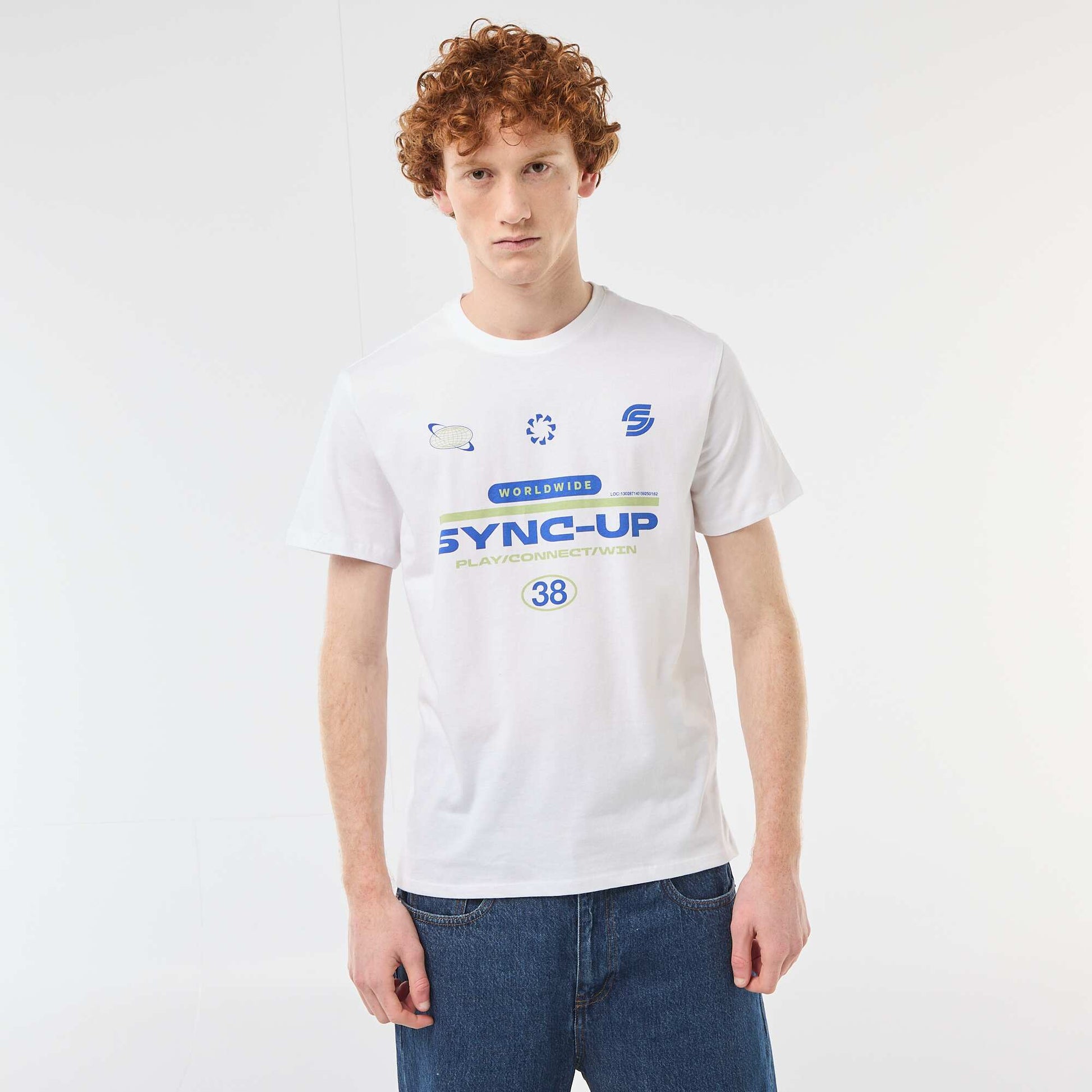 T-shirt imprimé placé en coton uni BLANC
