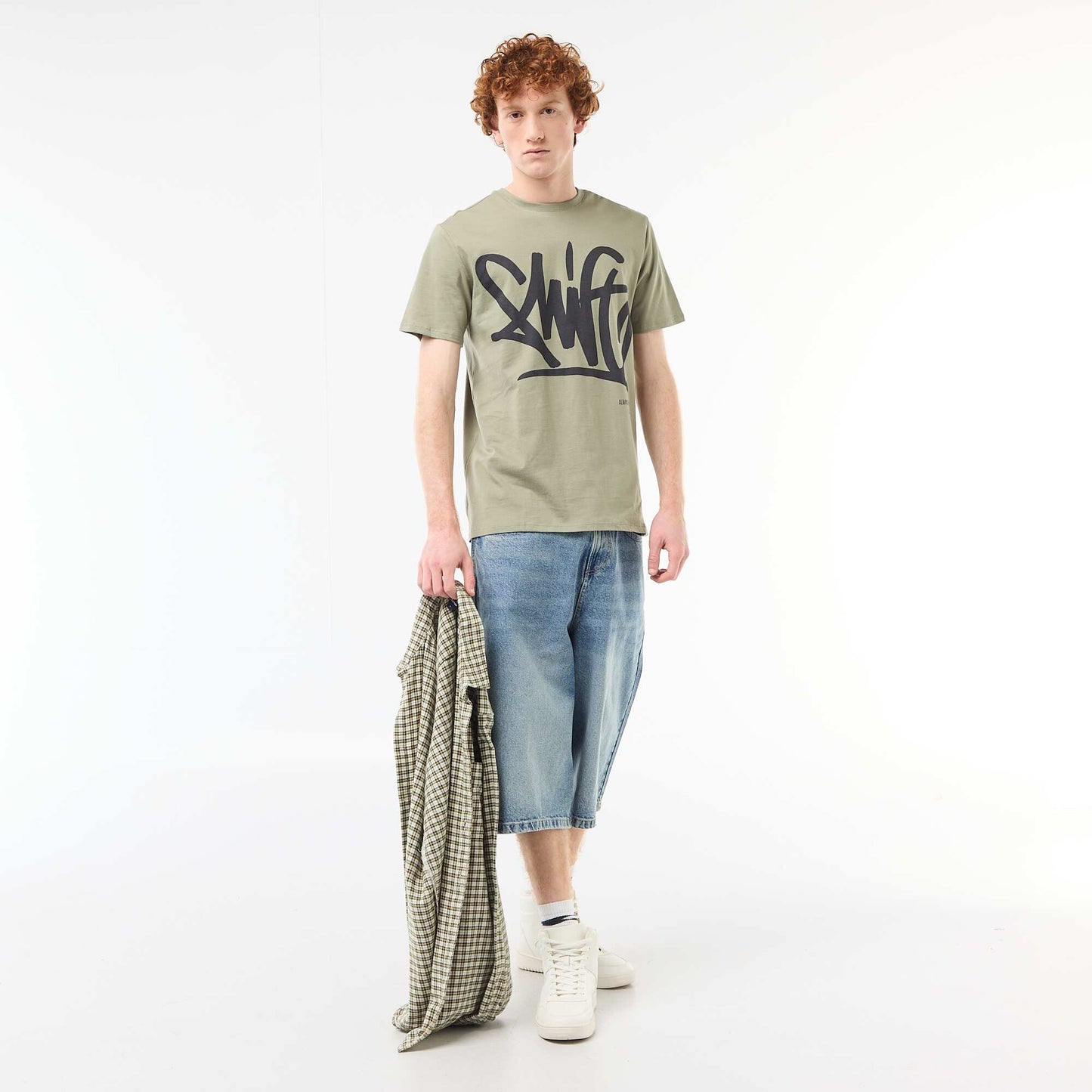 T-shirt imprimé placé en coton uni VERT