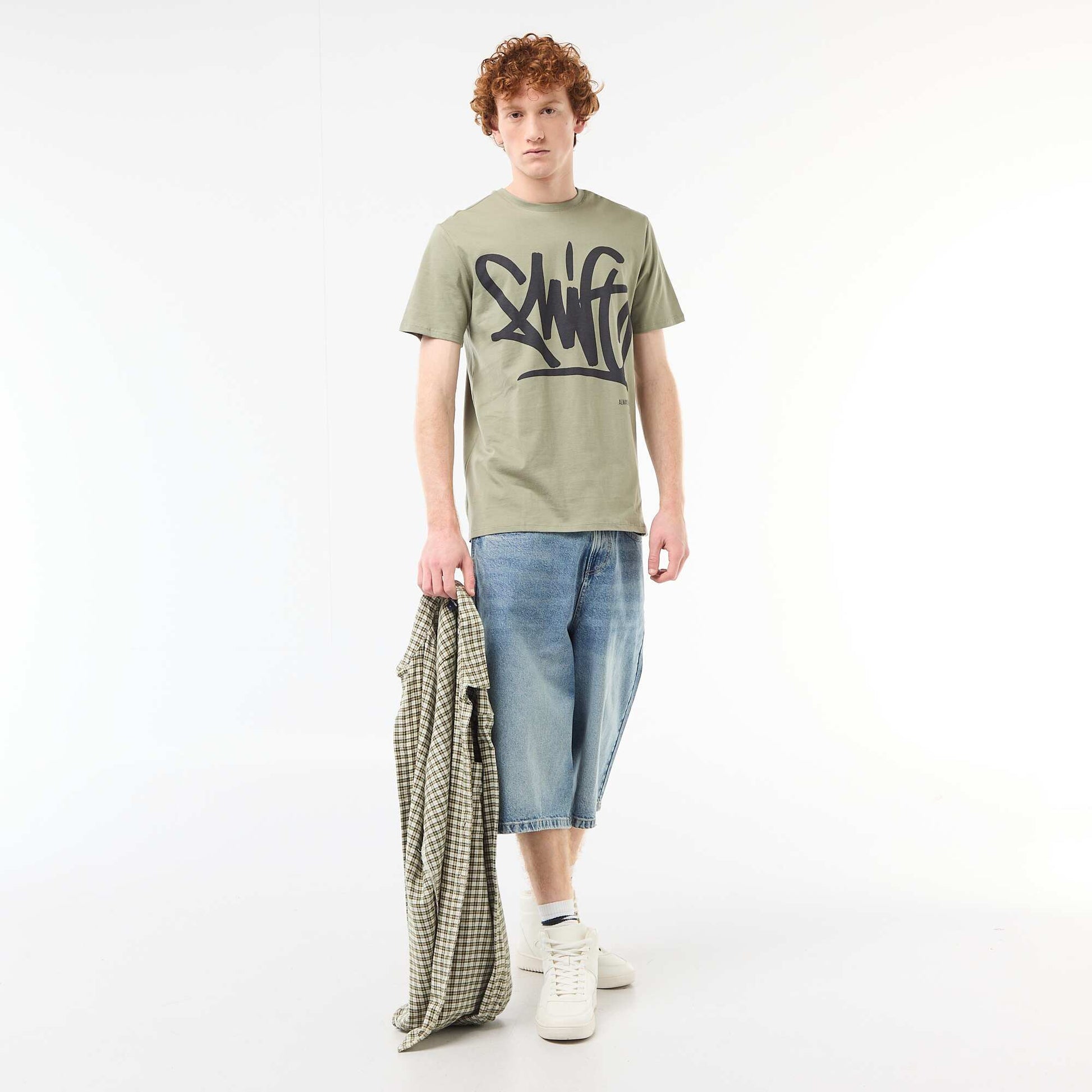 T-shirt imprimé placé en coton uni VERT