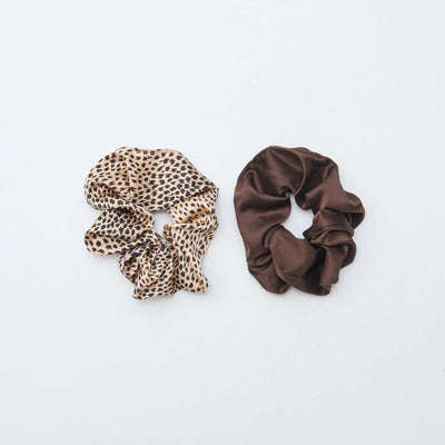Lot de 2 chouchous satinés MARRON/LéOPARD