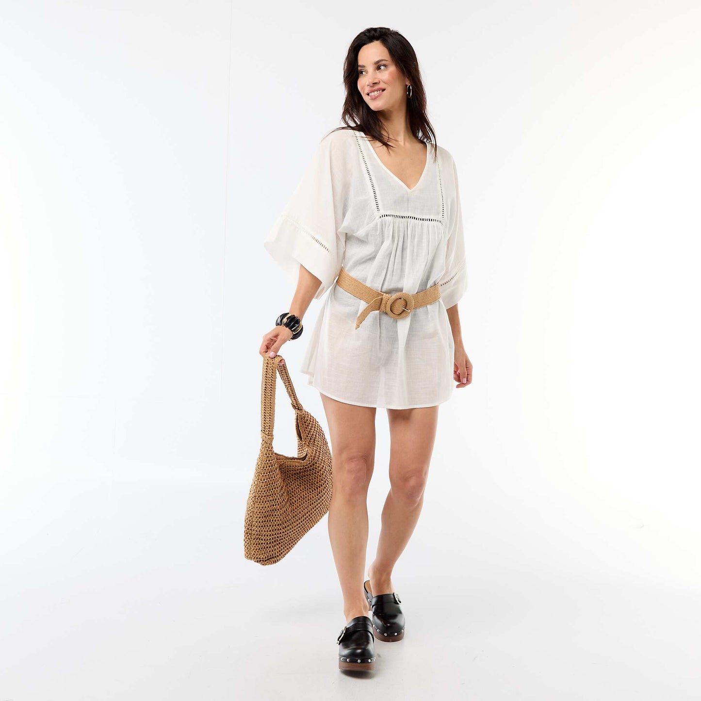Robe de plage mi-longue unie BLANC