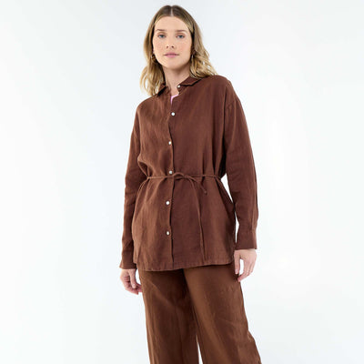 Chemise longue unie en lin MARRON