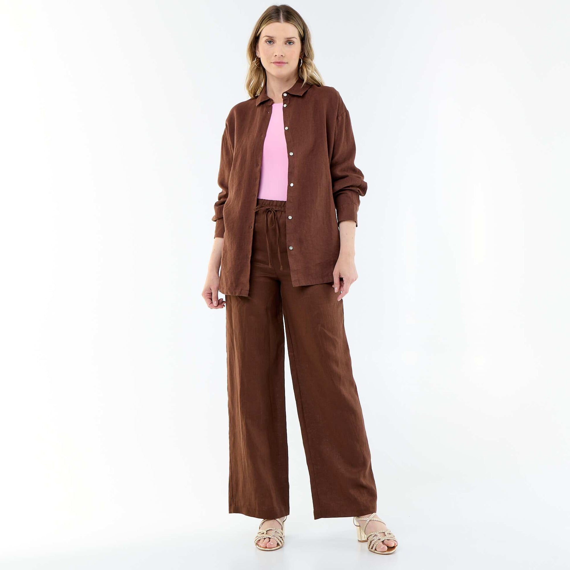 Chemise longue unie en lin MARRON