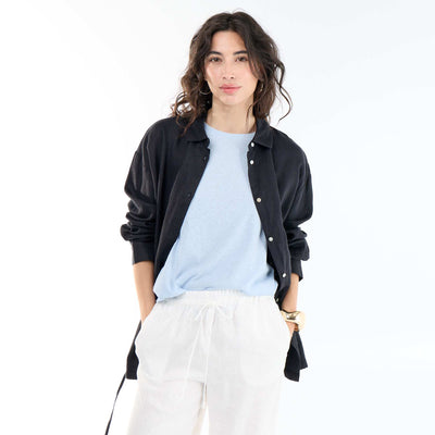 Chemise longue unie en lin NOIR