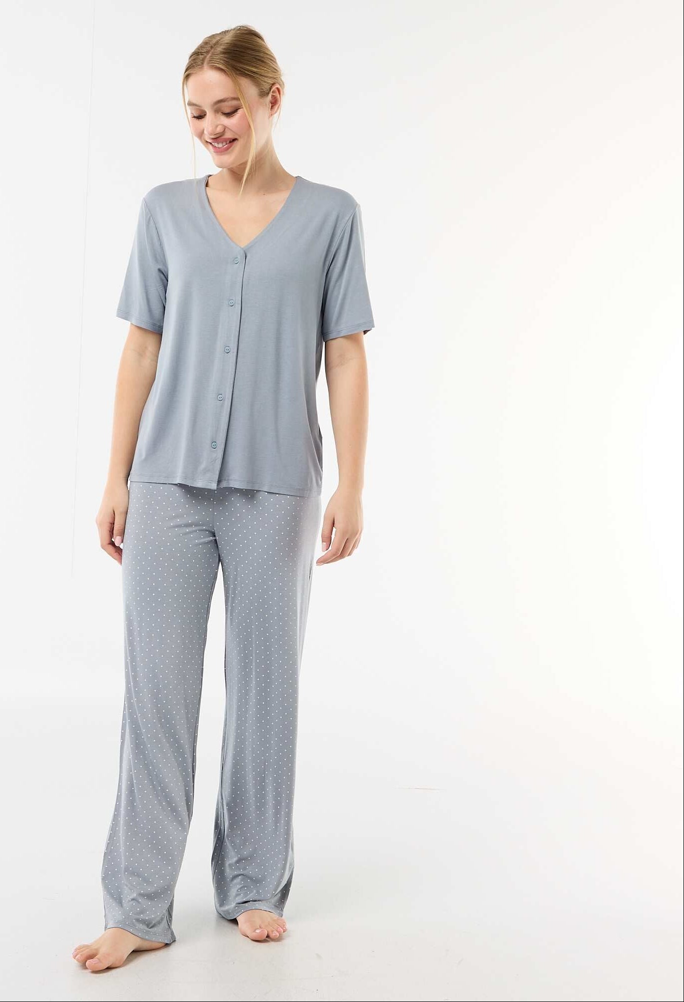 Pyjama long imprimé pois - 2 pièces BLEU