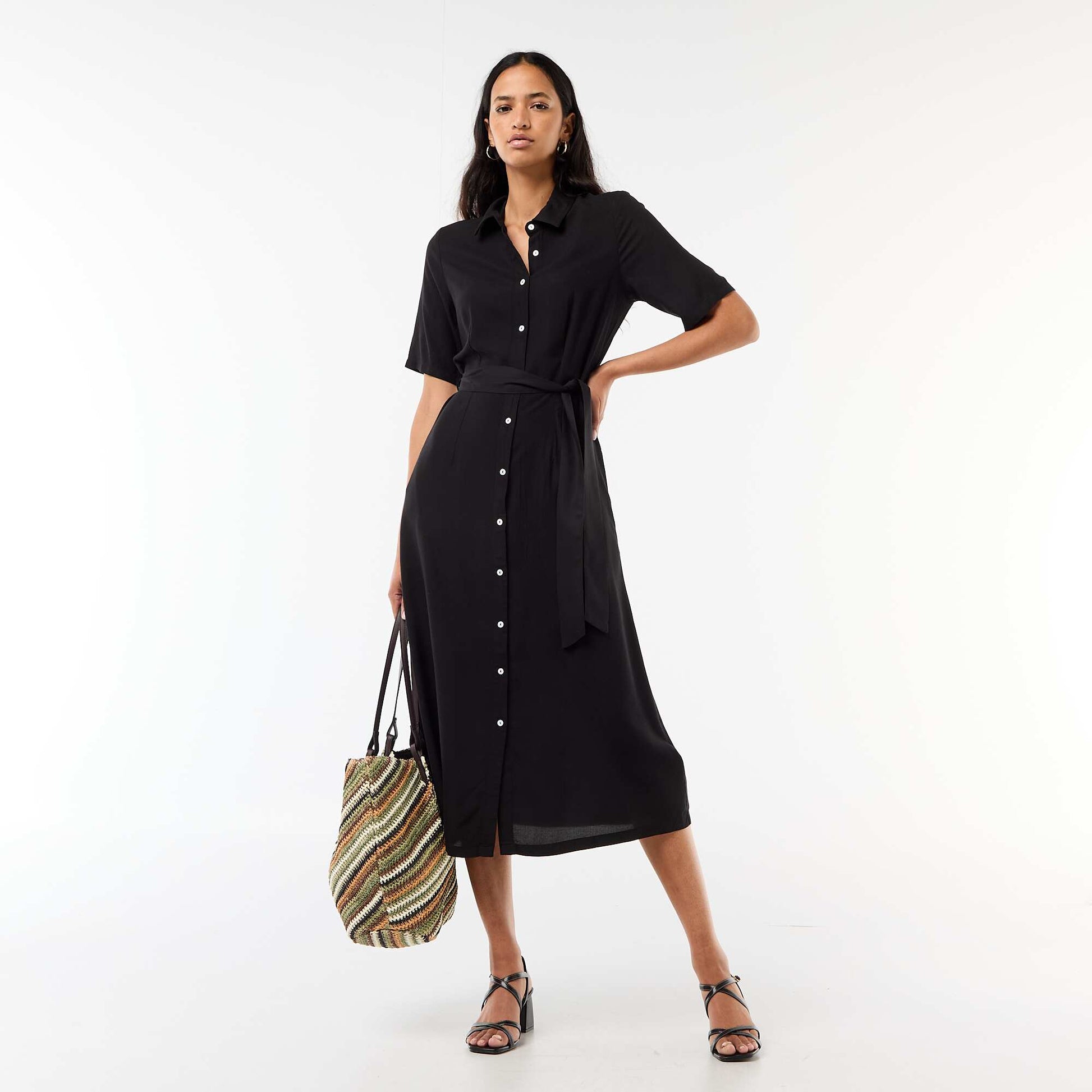 Robe longue forme chemise avec ceinture à nouer uni NOIR
