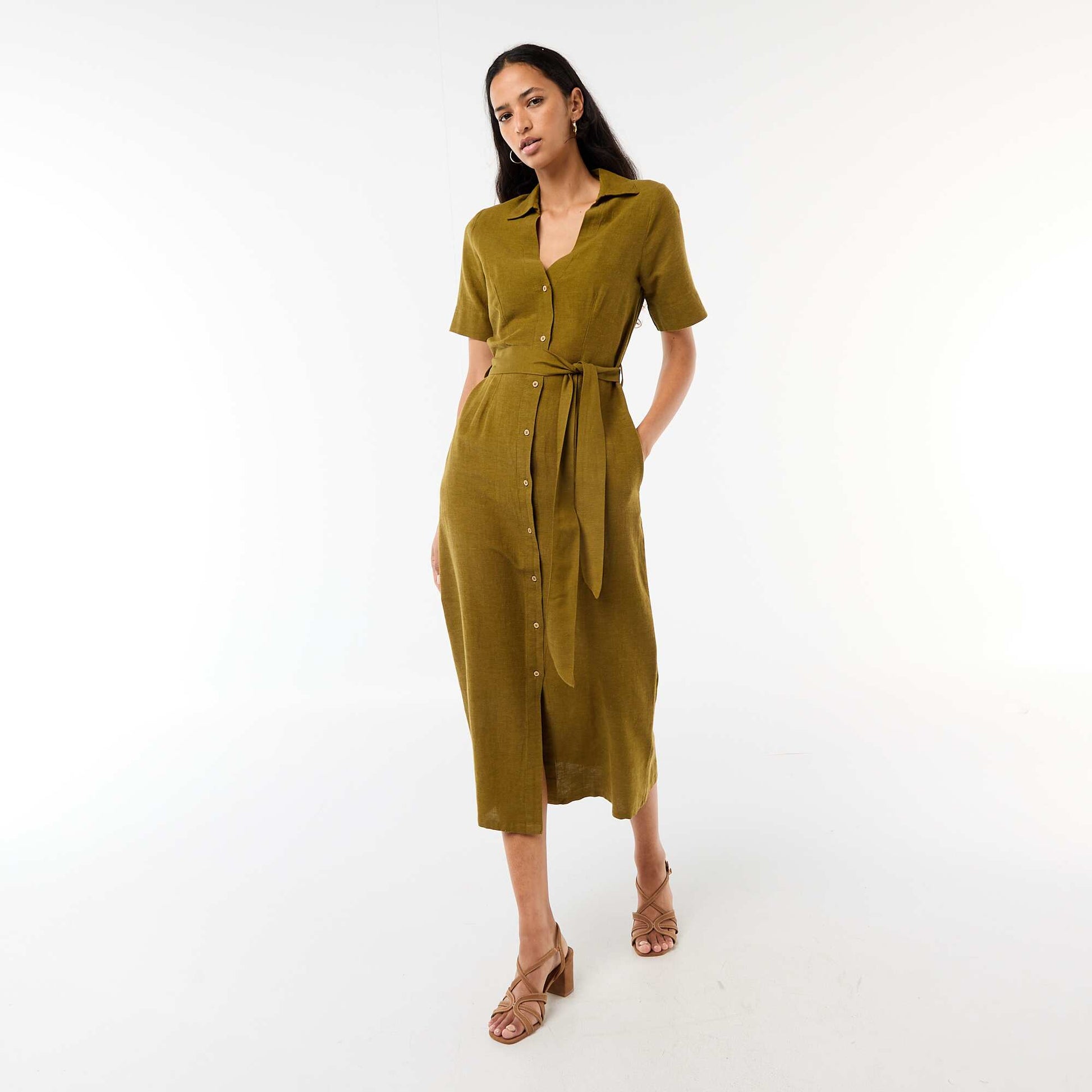 Robe chemise longue manches courtes en coton et lin VERT