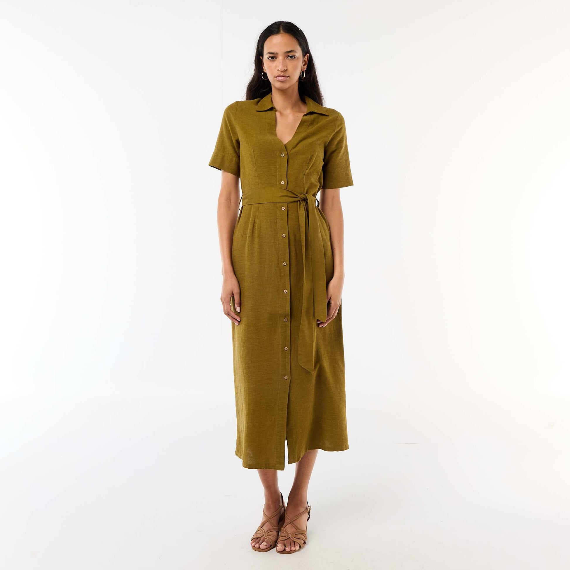 Robe chemise longue manches courtes en coton et lin VERT