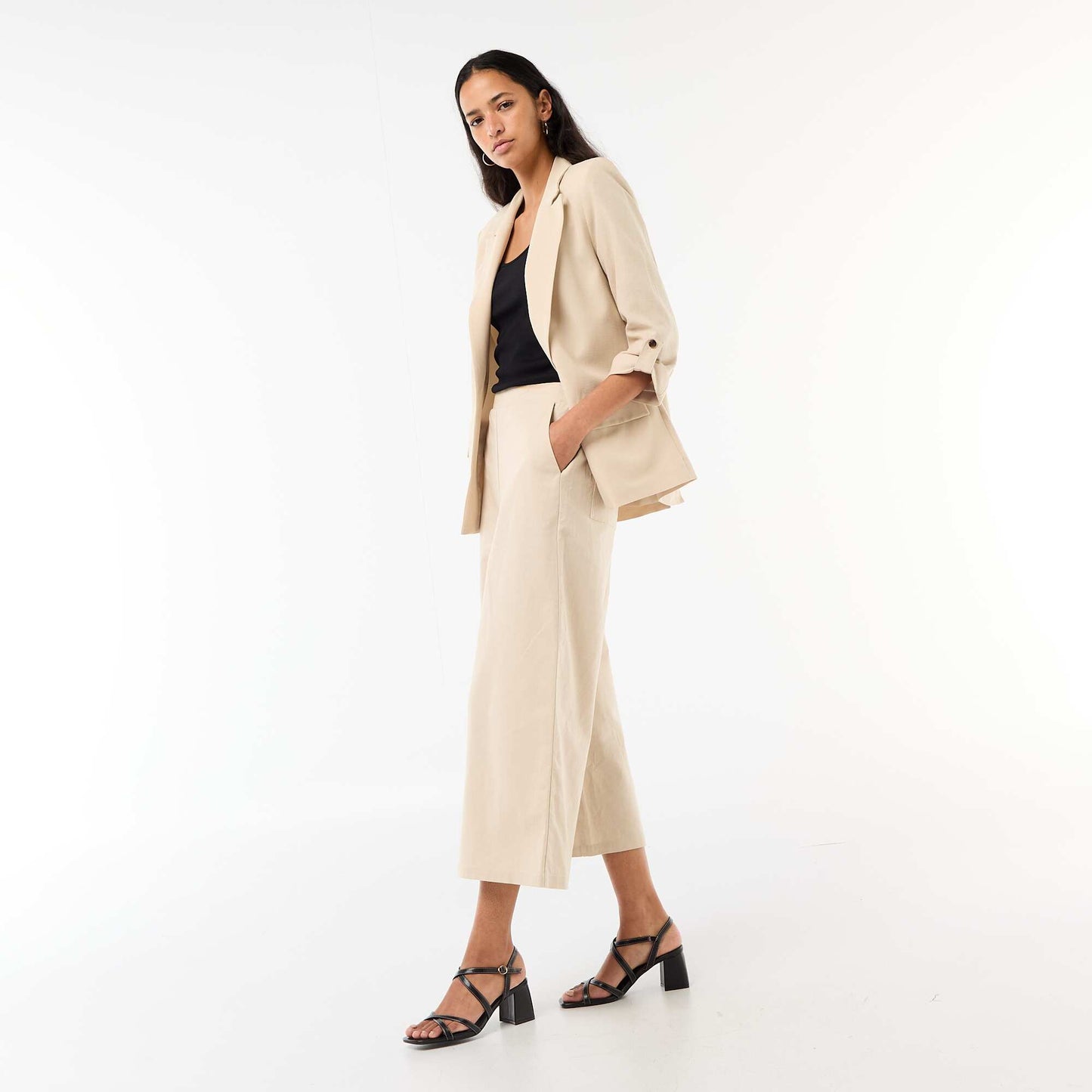 Pantalon large en lin mélangé BEIGE