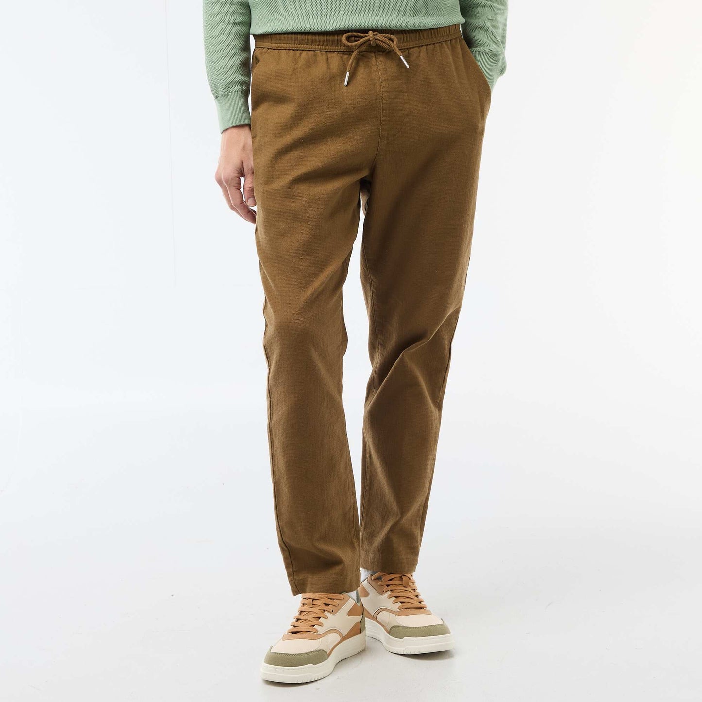 Pantalon droit à taille élastiquée MARRON