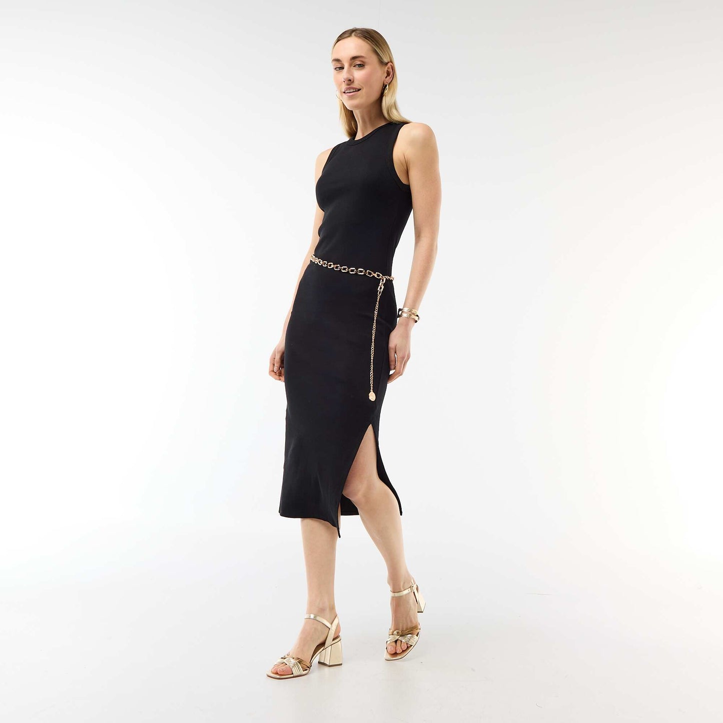 Robe midi côtelée sans manches NOIR
