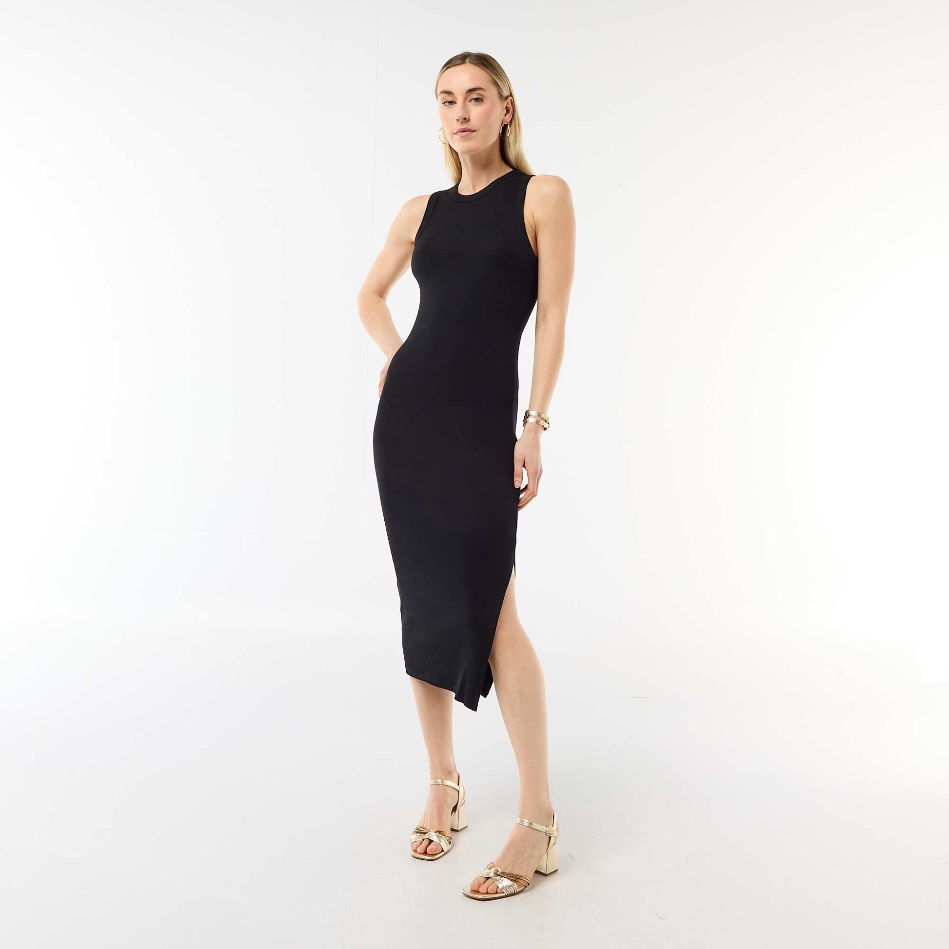 Robe midi côtelée sans manches NOIR