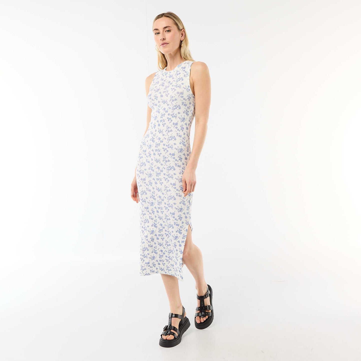 Robe midi côtelée sans manches BEIGE