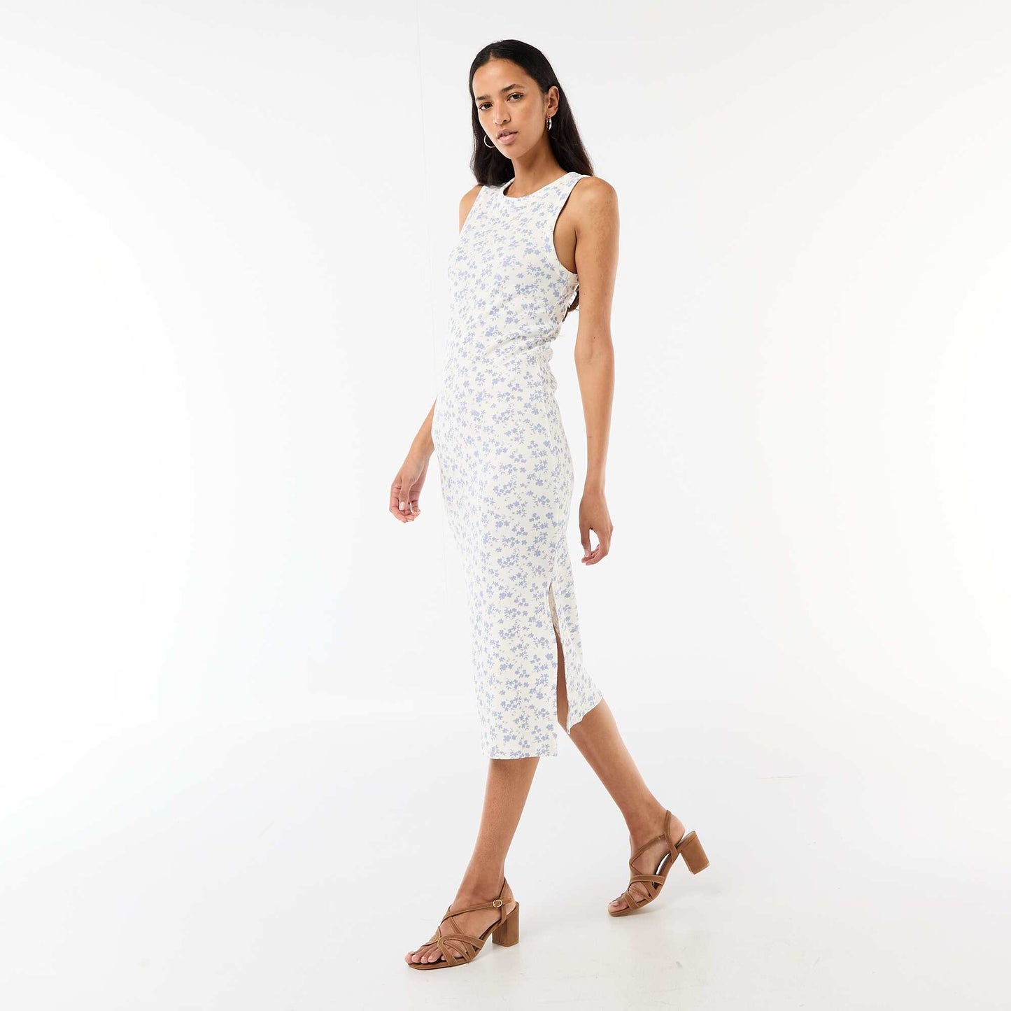 Robe midi côtelée sans manches BEIGE