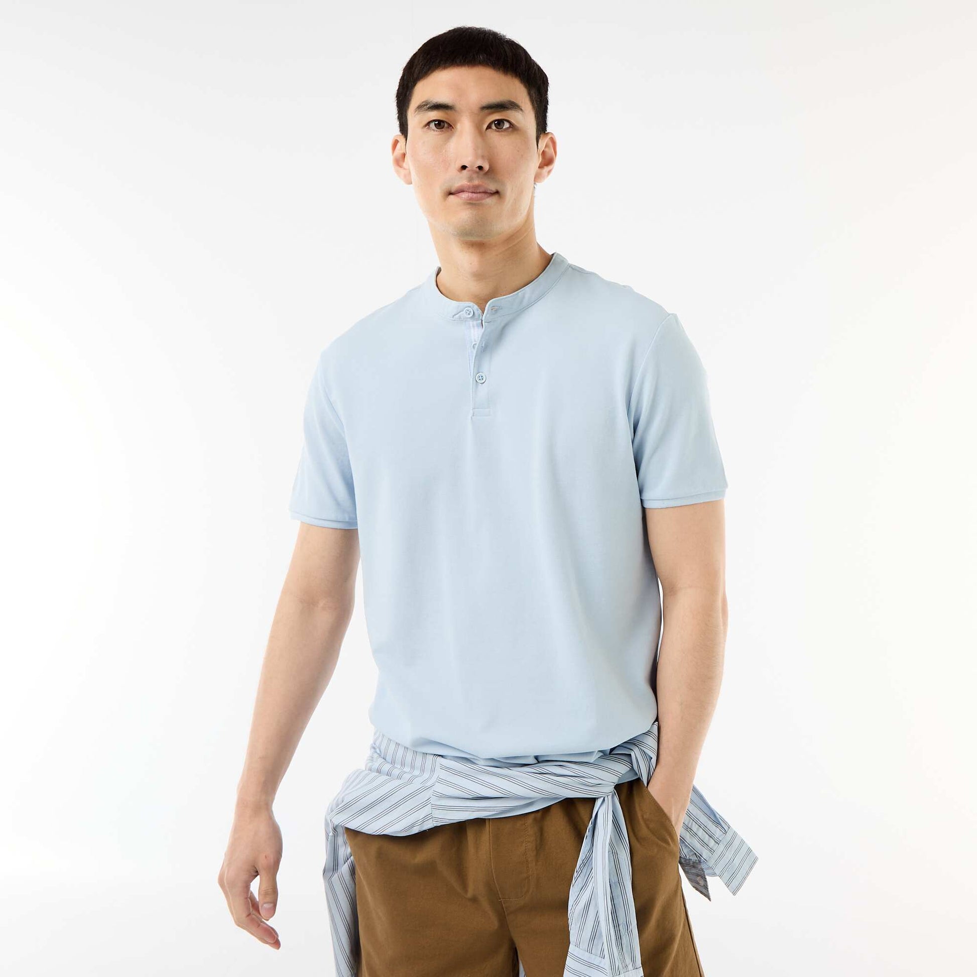Polo homme à manches courtes en maille piquée à col tunisien BLEU