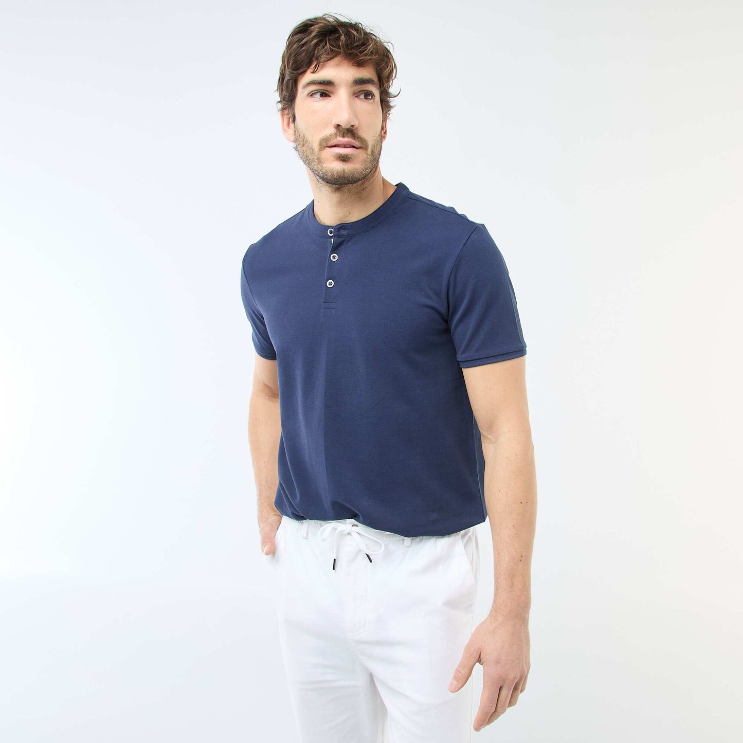 Polo homme en coton piqué à col tunisien BLEU MARINE