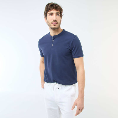 Polo homme en coton piqué à col tunisien BLEU MARINE