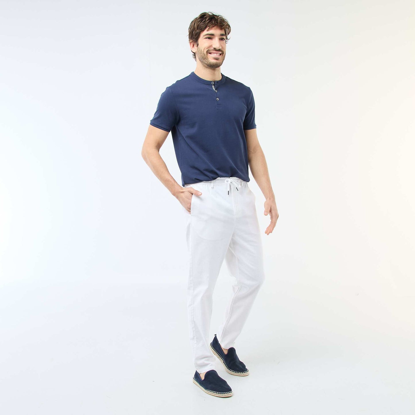 Polo homme en coton piqué à col tunisien BLEU MARINE