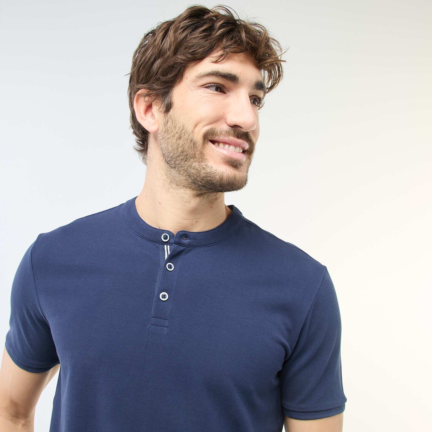Polo homme en coton piqué à col tunisien BLEU MARINE