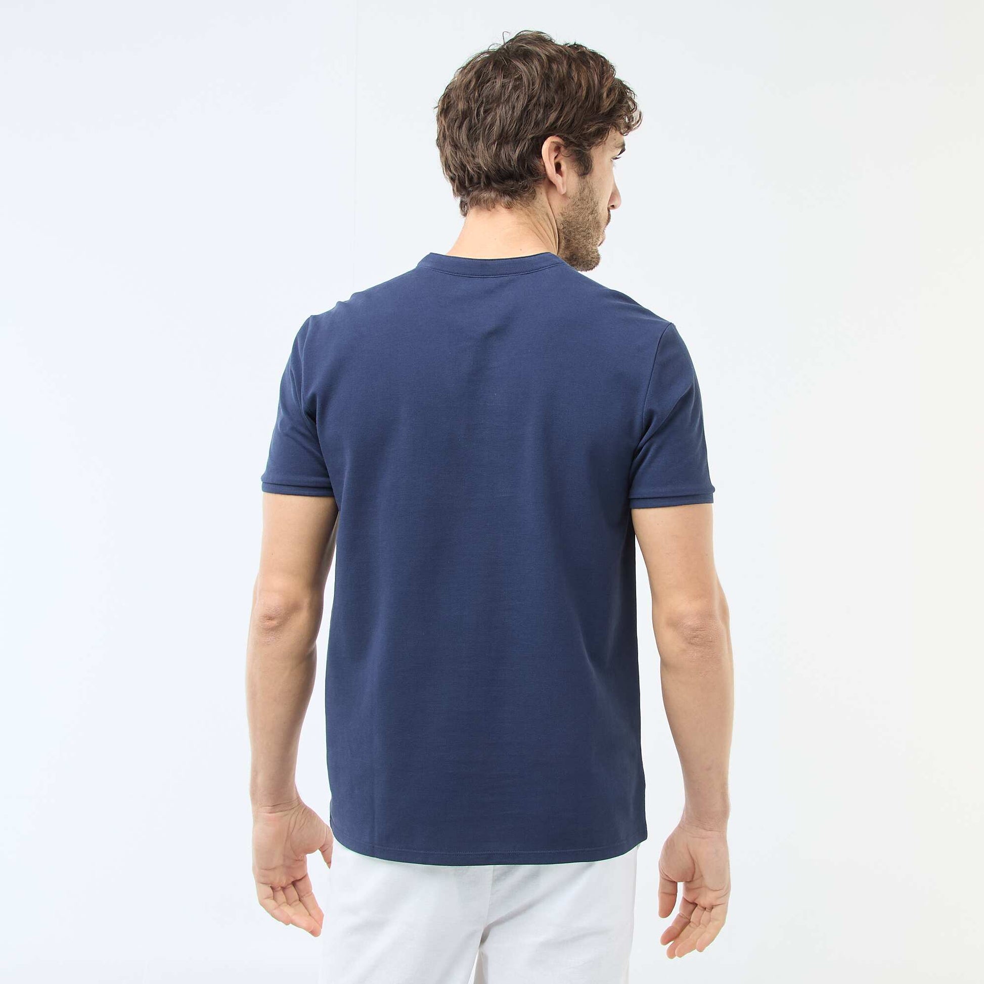 Polo homme en coton piqué à col tunisien BLEU MARINE