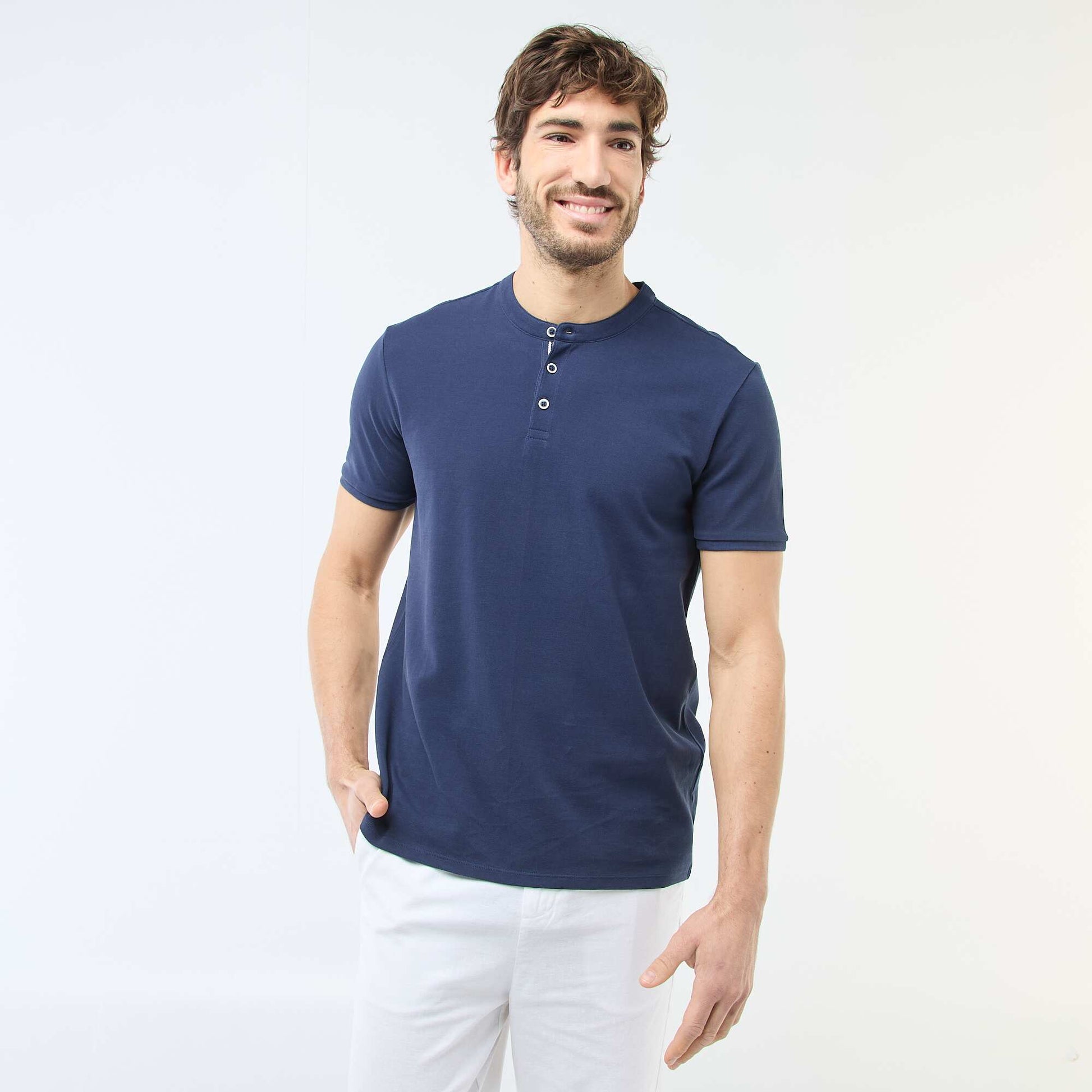Polo homme en coton piqué à col tunisien BLEU MARINE