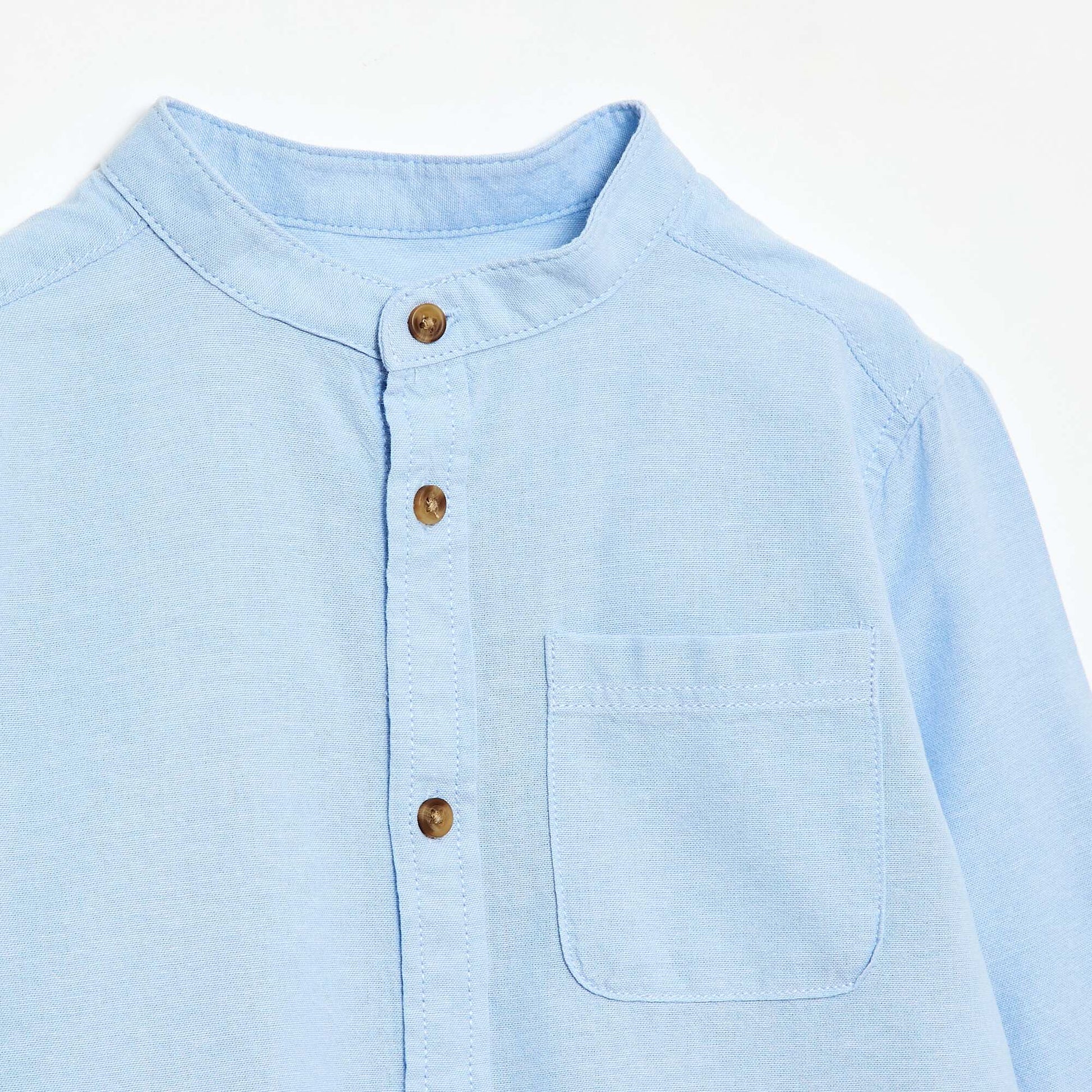 Chemise col mao en coton uni BLEU