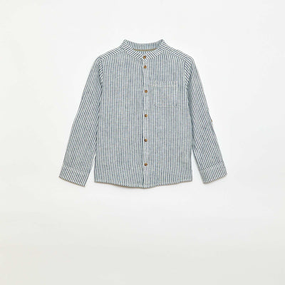 Chemise à manches longues en lin et coton BLEU