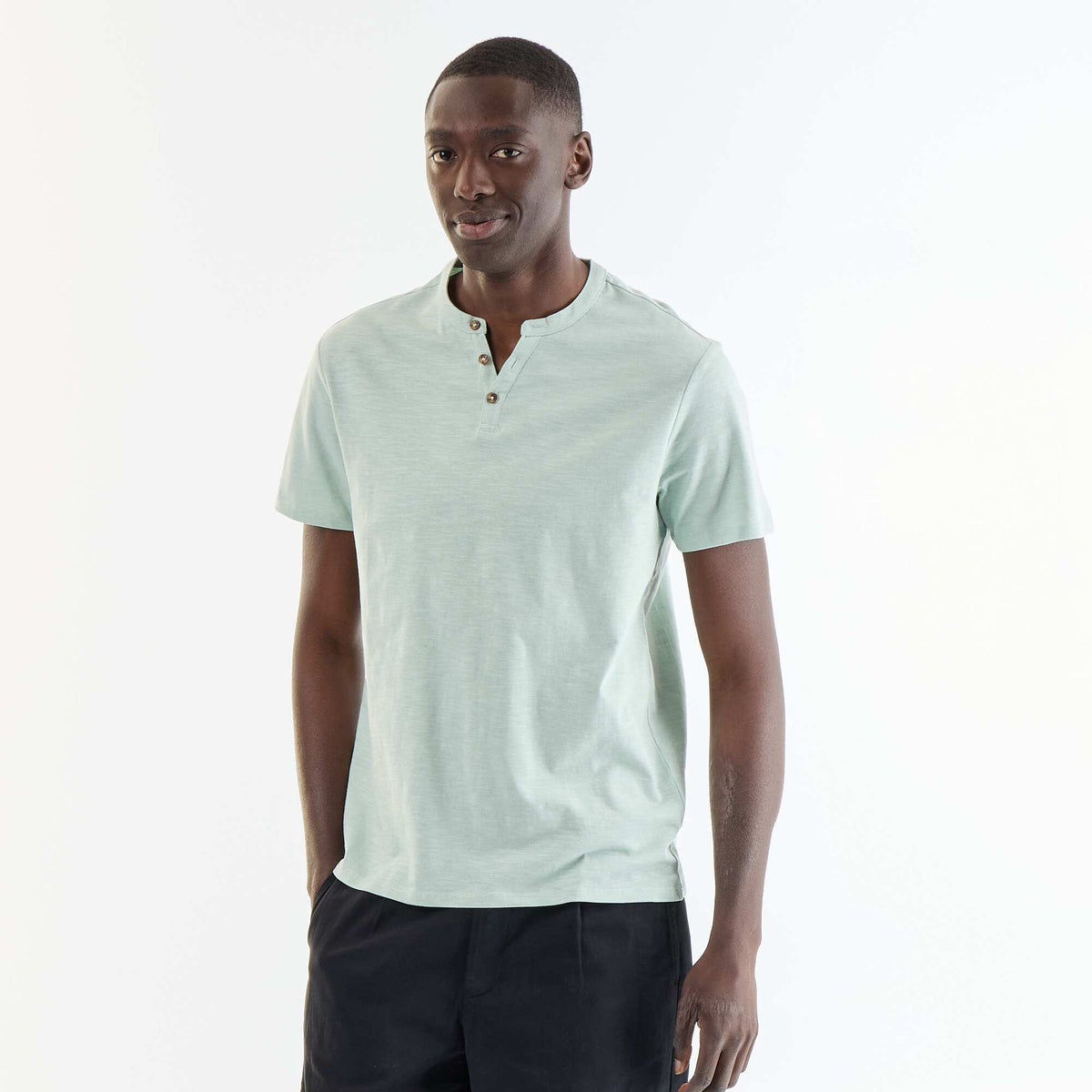 T-shirt à col tunisien homme uni BLEU