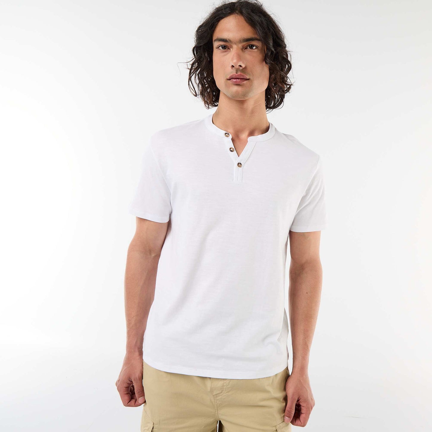 T-shirt manches courtes à col tunisien BLANC