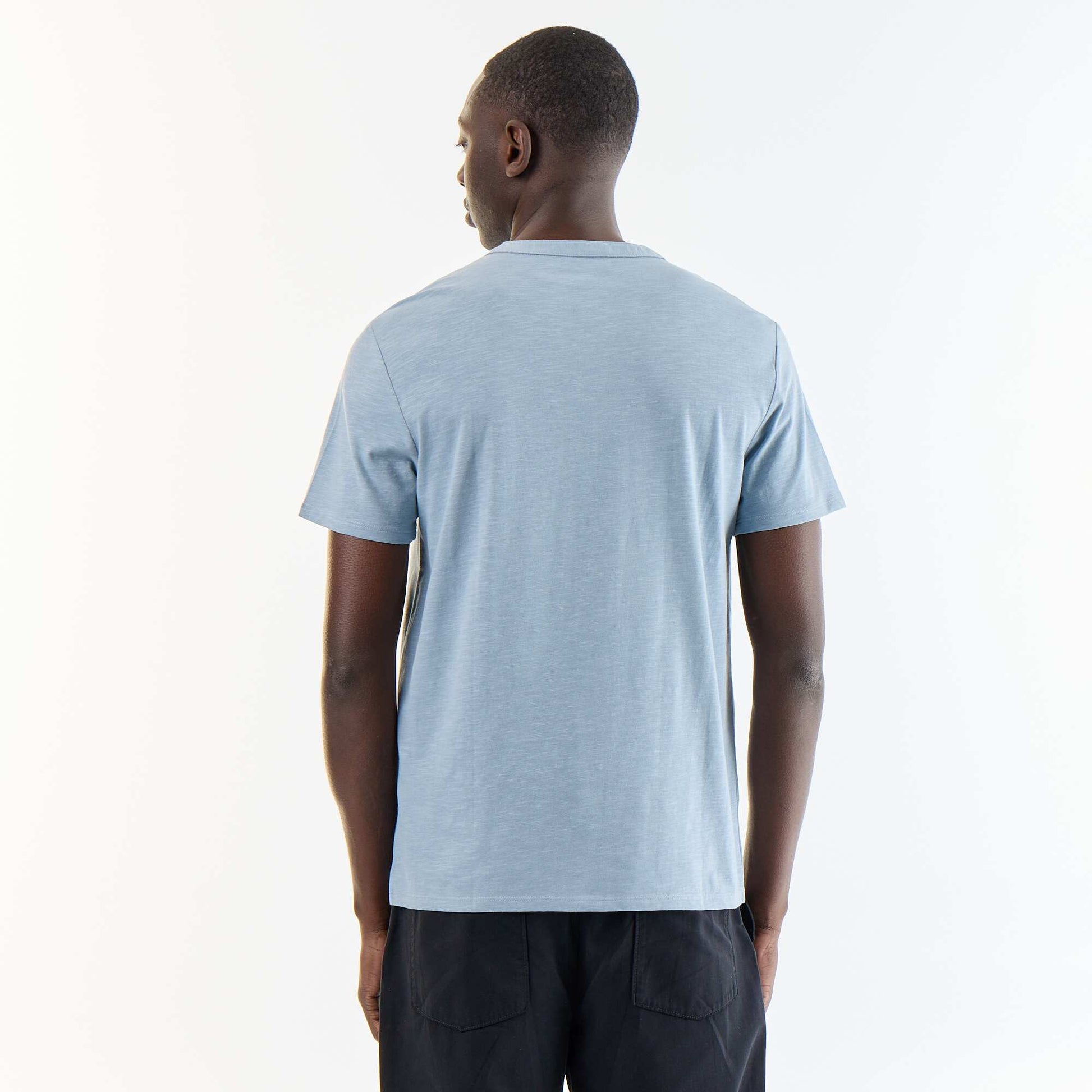 T-shirt homme en jersey slub à col tunisien coupe droite BLEU