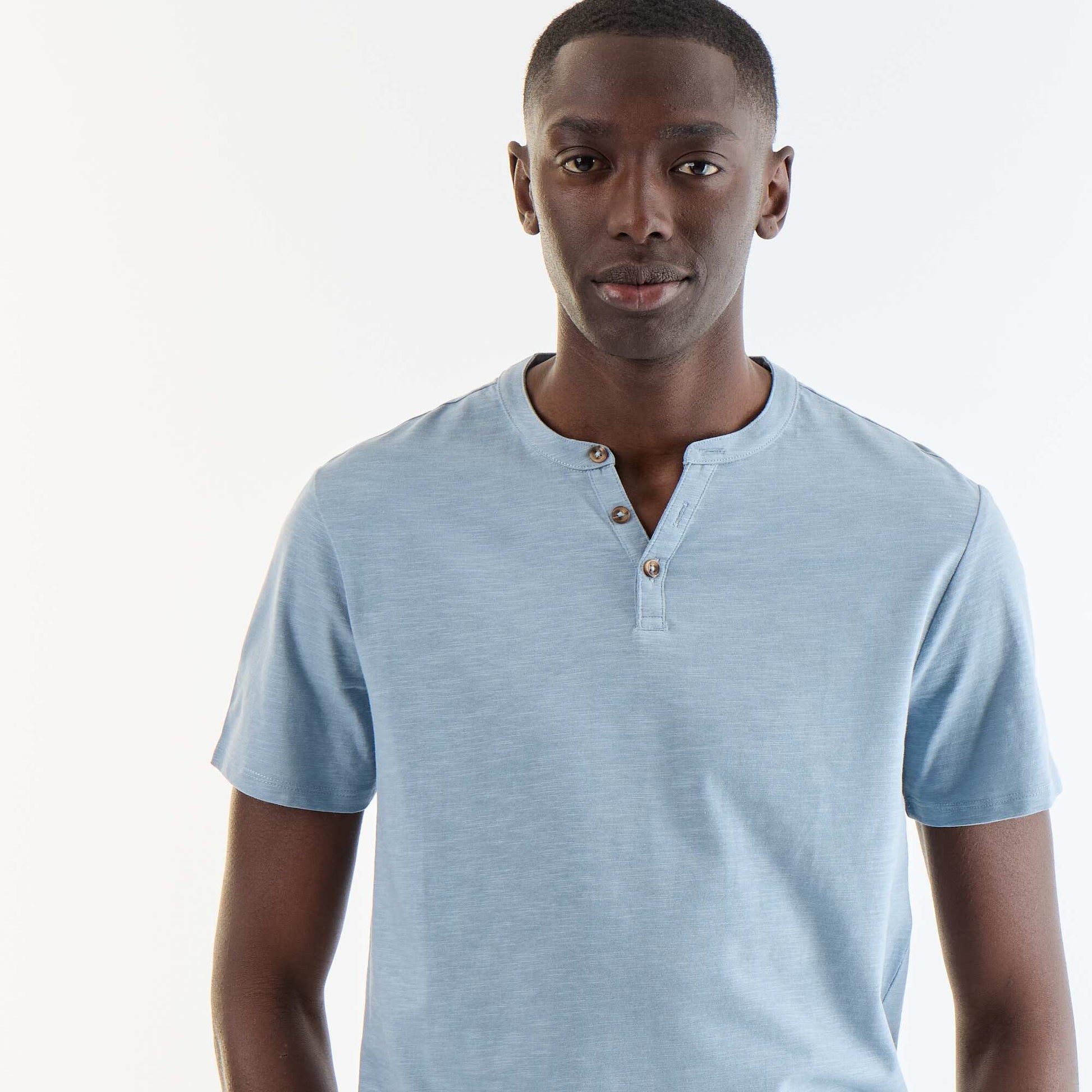 T-shirt homme en jersey slub à col tunisien coupe droite BLEU