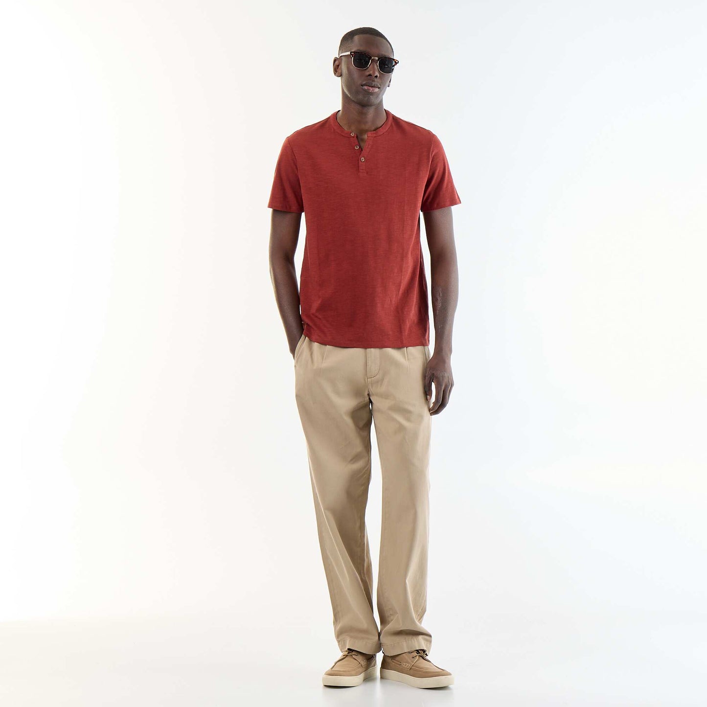 T-shirt homme en jersey texturé à col tunisien coupe regular ROUGE
