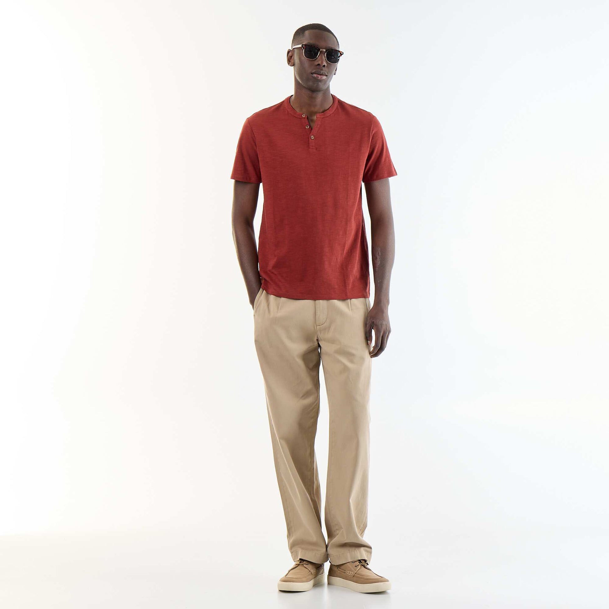 T-shirt homme en jersey texturé à col tunisien coupe regular ROUGE