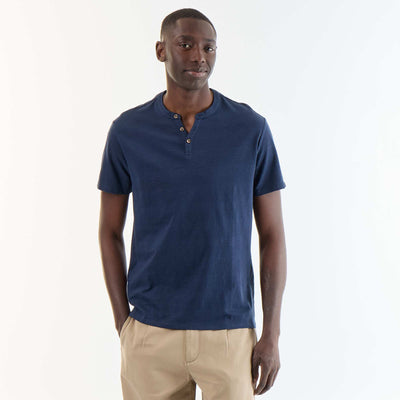 T-shirt uni pour homme à col tunisien BLEU FONCé